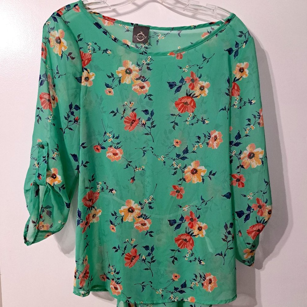 Nectar Green Floral Sheer Top Women's Size M